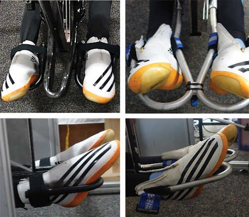 Figure 1. Examples of closed-chain (left pictures) and open-chain (right pictures) conditions on handbike footrests.