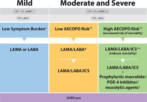 Figure 3. COPD Pharmacotherapy.This figure promotes an evidence-informed approach that aligns proven effective treatments with spirometry, symptom burden, risk of future exacerbations and mortality risk. Because of the clinical heterogeneity in COPD, spirometry should not be used in isolation to assess disease severity and this is why it is also important to perform a thorough clinical evaluation of the patient, including symptom burden and risk of exacerbations that permits the implementation of treatments that are specific for subpopulations. SABD prn (as needed) should accompany all recommended therapies across the spectrum of COPD.†Symptom burden encompasses shortness of breath, activity limitation, and impaired health status.††Individuals are considered at “Low Risk of AECOPD” if ≤1 moderate AECOPD in the last year (moderate AECOPD is an event with prescribed antibiotic and/or oral corticosteroids) and did not require hospital admission/ED visit. Individuals are considered at “High Risk of AECOPD” if ≥2 moderate AECOPD or  ≥1 severe exacerbation in the last year (severe AECOPD is an event requiring hospitalization or ED visit).*LAMA/LABA single inhaled dual therapy is preferred over ICS/LABA inhaled combination therapy considering the additional improvements in lung function and the lower rates of adverse events such as pneumonia. ICS/LABA combination therapy should be used in individuals with concomitant asthma. There is no universally accepted definition of concomitant asthma. The 2017 CTS Position Statement on COPD Pharmacotherapy provides guidance on the assessment of patients who may have concomitant asthma.**Triple inhaled ICS/LAMA/LABA combination therapy should preferably be administered in a single inhaler triple therapy (SITT), and not in multiple inhalers (see text), although we acknowledge that some patients continue to prefer separate inhalers. +Oral pharmacotherapies in this group include prophylactic macrolide, and PDE-4 inhibitor and mucolytic agents for patients with chronic bronchitis.Abbreviations. CAT, COPD assessment test; mMRC, Modified Medical Research Council; SABD prn, short-acting bronchodilator as needed; AECOPD, acute exacerbation of COPD; ED, emergency department; LAMA, long-acting muscarinic antagonist; LABA, long-acting ẞ2-agonist; ICS, inhaled corticosteroid.