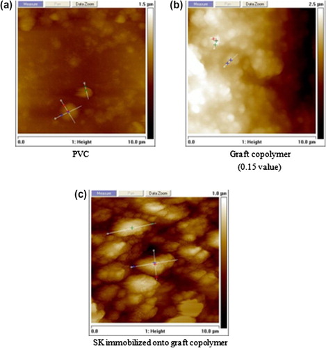 Figure 7. AFM average values of radius and height: (a) r = 0.6 μm, H = 250 nm, (b) r = 1.1 μm, H = 360 nm, and (c) r = 2.9 μm, H = 500 nm.