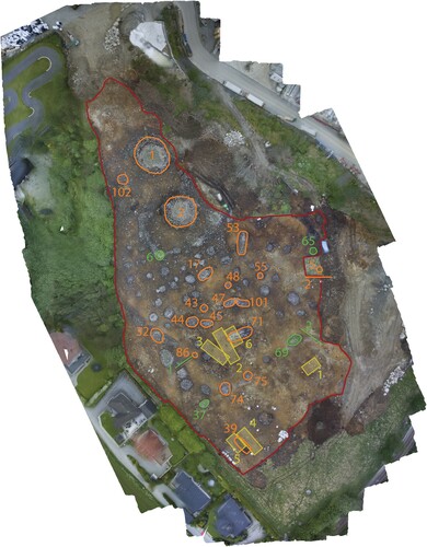Figure 2. Aerial photo of the archaeological site of Øvre Øksnevad (within red line) after the topsoil has been removed. Green colour marks features from which both pollen and macrofossils were analysed stratigraphically: through two cultivation layers (Profile 1–2), from two cairns (Cairn 37, Cairn 65), and from two combined profiles consisting of cultivation layers with cairns on top (Cairn 69 and Cairn 6). In addition, a variety of features were analysed only for plant macrofossil analysis: yellow colour marks houses (Houses 1–6) and orange colour marks cairns/profiles.