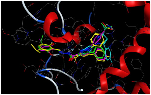 Figure 9. Overlay of compounds 4a (green), 8b (yellow), 8g (pink), and celecoxib (cyan) inside the active site of COX-2.