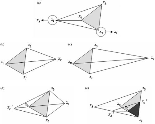 Figure 1. Available moves in the simplex method, in the case of three variables: (a) initial simplex, (b) reflection, (c) expansion, (d) contraction, and (e) multi-contraction.