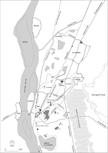 Figure 3. The Fustat-Cairo area, with locations of features discussed in the text: 1) Babylon fortress, the area commonly known as “Old Cairo”; 2) Mosque of ‘Amr; 3) Church of Abu Sayfayn; 4) Tomb of Abu Su’ud; 5) Mosque of Ibn Tulun; 6) Mosque of Sayyida Zeinab; 7) Church of Mar Mina; 8) Saba‘ Banaat mausolea; 9) Fort of Istabl ‘Antar; 10) ‘Ayn al-Sira; 11) Nilometer; 12) Fumm al-Khalig; 13) Bahgat’s excavations; 14) Fustat-A; 15) Fustat-B; 16) Fustat-C; 17) Gayraud’s excavations; and, 18) fawakhir site (N. J. Warner/P. Sheehan).
