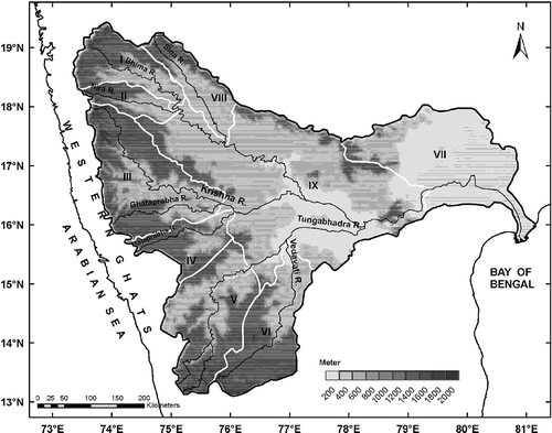 Fig. 1 Orographic features and nine zones of the Krishna basin.