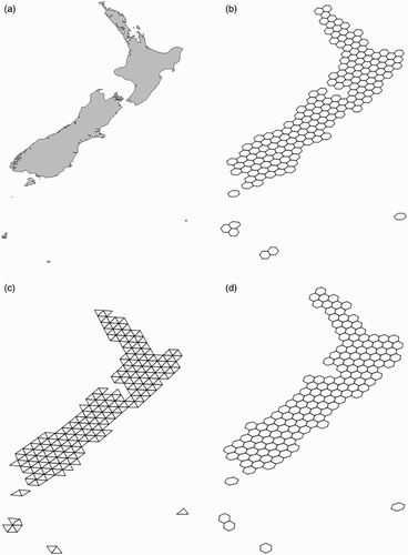 Figure 3. Source polygon of New Zealand (country) from the Natural Earth dataset and the resulting grid-based spatial footprints generated for ISEA3H9, ISEA4H7, and ISEA4T7. (a) Source polygon for the country of New Zealand from Natural Earth. (b) ISEA aperture 3 hexagon level 9. (c) ISEA aperture 4 triangle level 7. (d) ISEA aperture 4 hexagon level 7.