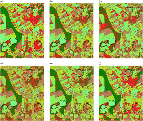 Figure 12. Classification results of different methods for the second PolSAR image: (a) CNN; (b) SVM; (c) Wishart; (d) decision tree; (e) AdaBoost; (f) the proposed method.