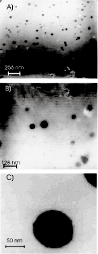 Figure 1 Transmission electron microscopy (TEM) photographs of adriamycin-loaded PLGA-PEG nanoparticles (A: sample PI, B: sample PII, C: sample PIII).
