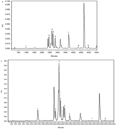Figure 3.  Typical chromatograms of Hypericum scabrum (A) and H. bupleuroides (B) flower extracts obtained by HPLC separation at 360 nm. Peak identified: 1–chlorogenic acid, 2–rutin, 3–hyperoside, 4–apigenin-7-O-glucoside, 5–quercitrin, 6–quercetin, 7–kaempferol, 8–amentoflavone.