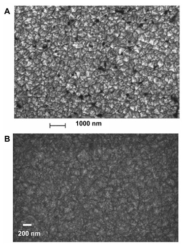 Figure 2 Scanning electron microscopic image of (A) nanocrystallineCitation4 and (B) ultrananocrystallineCitation10 diamond films grown on silicon substrate.A is reprinted with permission from: Philip J, Hess P, Feygelson T, et al. Elastic, mechanical, and thermal properties of nanocrystalline diamond films. J Appl Phys. 2003;93(4):2164–2171,Citation4 Copyright (2003), American Institute of Physics. B is reprinted with permission from: Sumant AV, Grierson DS, Gerbi JE, Carlisle JA, Auciello O, Carpick RW. Surface chemistry and bonding configuration of ultrananocrystalline diamond surfaces and their effects on nanotribological properties. Phys Rev B Condens Matter Mater Phys. 2007;76(23):235429-1–235429-11,Citation10 Copyright (2007) by the American Physical Society.