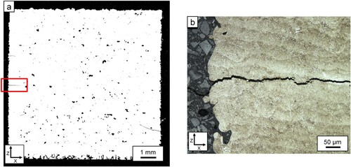Figure 11. (a) Cracking defects in an unetched AISI 4340 specimen produced at 80 J mm−3 using a 140 W laser power. (b) Etched, higher magnification image of a crack from (a).