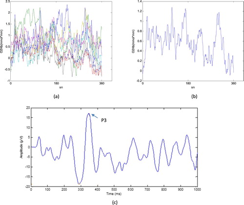 Figure 2. fNIRS signal of right prefrontal channels including CH 9,10,11,12,13,14,15,16 for a control participant (b) grand average of these channels (c) AEP signal that is derived from EEG for the same participant.Note: fNIRS and EEG signals obtained simultaneously.