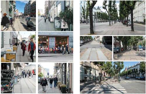 Figure 5. Photos from a Danish peculiarity analysis illustrate how ‘practised distinctive character’ in the street Frederiksberg Allé differs from neighbouring streets in respect to use. Practised use of streets is crucial information to include in deliberations regarding future transformational measures (Frederiksberg Kommune, Citation2017, pp. 69, 73).