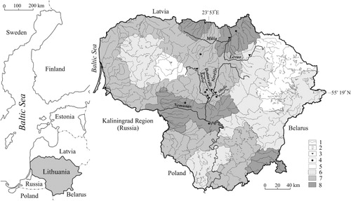 Figure 1. Map of Lithuania, showing the location of the studied rivers and drainage research sites mentioned in the analysis. (Symbols in the legend: 1 – rivers and streams; 2 – lakes; 3 – river water monitoring site; 4 – drainage water monitoring site; 5–8 – percentage distribution of drained agricultural area: 5 – below 65%; 6 – 65%–75%; 7 – 75%–85%; 8 – over 85%).