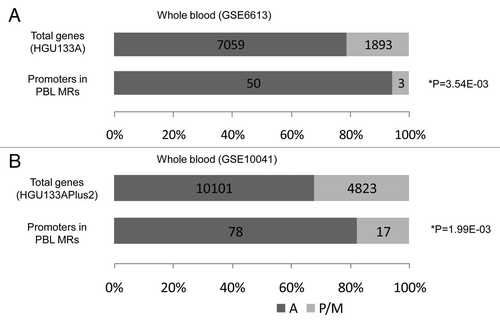 Figure 4 Effect of methylation in promoter regions overlapping with CpG islands on gene expression in LCLs. The numbers of genes with containing at least one probe with present or marginal flags, as well as that of genes whose all probes were called as absent, are indicated. If all samples across the chosen study showed absent flags with respect to a certain probe set, we considered this “absent” and “present” probes were determined similarly. If one gene had both probe sets of present/marginal and absent, the gene was classified as an expressed gene. (A) HGU133plus2.0 platform data set from GEO (GSE12408 (N = 17)Citation16), (B) HGU133plus2.0 platform data set from GEO (GSE13122 (N = 13)Citation17). Fisher's exact test p values are given. A: genes with absent probes, P/M: genes with present or marginal probes, N = number of control samples.