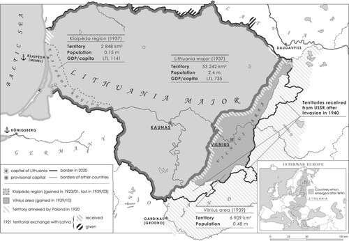 Figure 1. Map of Lithuania, 1918–1940. Own work, based on Gaučas et al. (Citation2001), Vaskela (Citation2014, pp. 88–89), and calculations in this paper.