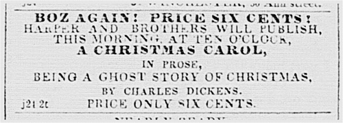 Figure 1. An advertisement for Harpers’ first American edition of A Christmas Carol published in the New-York Daily Tribune on January 24 1844 (3).
