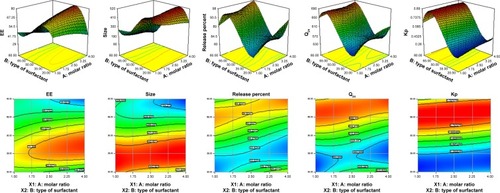 Figure 6 3D response surface plots showing the effect of (A) cholesterol: surfactant ratio and (B) surfactant type on the responses (upper section of graph). Contours of determined response surface plots revealing the relationship between different levels of variables to obtain fixed values of responses (lower section of graph).