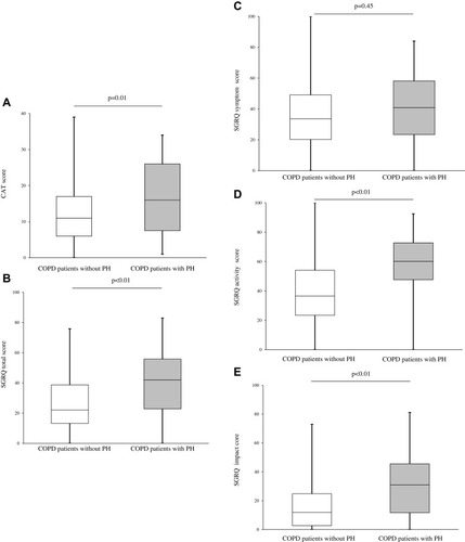 Figure 3 Association of PH assessed by echocardiography and health status in COPD patients. (A) Comparison of baseline CAT scores between the two groups. (B–E) Comparison of baseline SGRQ scores between the two groups. Data were compared between groups using the Mann–Whitney U-test.