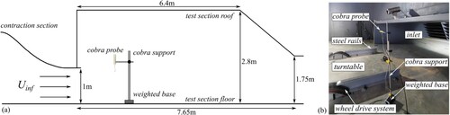 Figure 7. Experimental setup for the velocity measurement in the test section of the RVISWT. (a) Testing plan of the velocity measurement, (b) Layout and installation of the cobra probe in the test section.