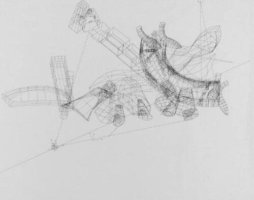 Figure 20. Frank O. Gehry & Associattes, Peter Lewis Residence in Lyndhurst, Ohio, 1985–1995. Perspective view produced using a CATIA 3D model, 1994. Electrosttatic print on paper, 127 × 91.4 cm © Frank O. Gehry, Getty Research Institute, Los Angeles, Frank Gehry Papers.