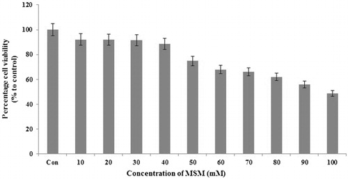 Figure 1. MSM inhibited the viability of mouse hepatocyte, FL83B cells in a dose dependent manner.Note: MTT assay for cell proliferation analysis by MSM in FL83B cells. A total of 30 or 40 mM MSM used for further experiments.