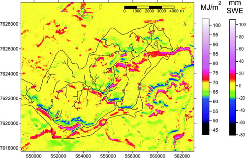 FIGURE 12.  Accumulated spatially variable turbulent fluxes for entire model period in MJ m−2 and mm snow water equivalent (SWE) for 1999