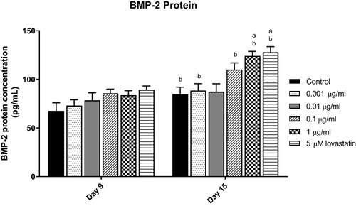 Figure 3 BMP-2 protein in MC3T3-E1 cell after AnTT treatment for day 9 and day 15. aIndicates a significant difference between the marked group compared to the control at the same time-point; bIndicates a significant difference between the marked group compared to its previous time-point. Data are expressed as mean±S.E.M.