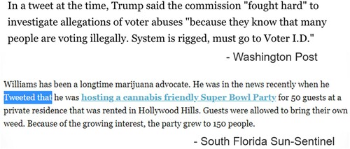 Figure 1. The most common way to refer to a tweet is to say that its author ‘tweeted’ or ‘said in a tweet,’ often accompanied by an indicator of when the tweet was sent. The link in the Sun-Sentinel story goes not to the tweet but to another Sun-Sentinel story about the tweet.