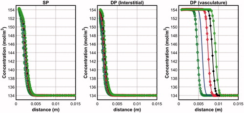 Figure 5. Penetration depth of saline after 10 min of infusion in the SP and DP (interstitium and vasculature) models obtained for the simultaneous infusion mode. Color legend is similar to that in Figure 2.