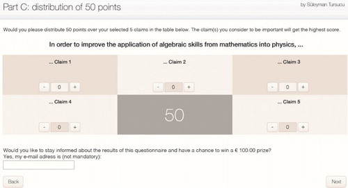 Figure 2. Multi-criteria assessment tool in which teachers distribute 50 points over their selected 5 claims.