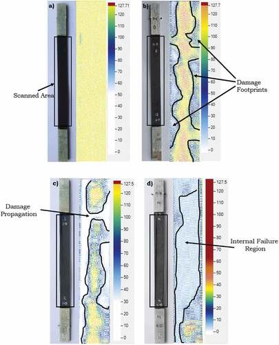 Figure 9. C-scan images of Carbon/Epoxy laminate, (a) Neat specimen, (b) 0.5, (c) 0.6 and (d) 0.7 stress level.