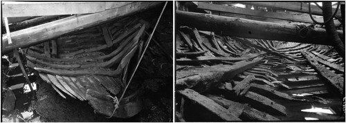 Figure 5. A. The bow of the Riddarholmen Ship during excavation in 1930; B. The photo is taken amidship with the camera pointing towards the bow. Note the keelson on the left, the shelf clamp along the starboard side on the right, and the deck beam with the two notches towards the bow (SSM graark_10064944 and graark_10064942, with permission, BY-NC-SA).