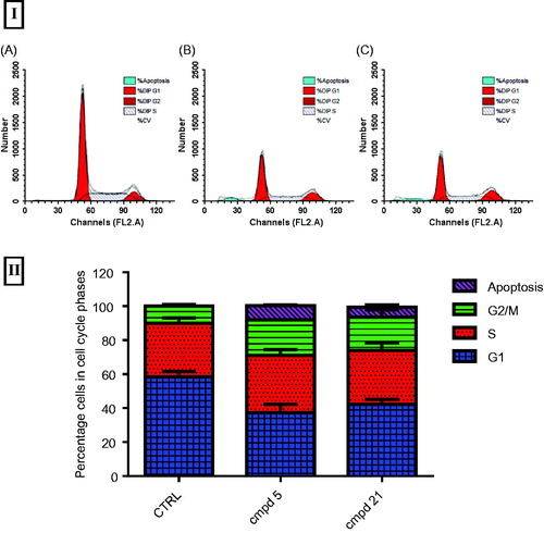 Figure 6. (I) Flow cytometric analysis of the most potent compounds 5 and 21 on cell cycle distribution of HepG-2 cancer cells (24 h). (A) Control HepG-2 cells. (B) Cells treated with compound 5 (2.61 µM) 24 h showing most of the cells arrested in G2/M phase and apoptosis. (C) Cells treated with compound 21 (1.92 µM) for 24 h showing cell cycle arrest at G2/M phase. II) Data expressed as mean (n = 4 experiments) ± SEM and statistical comparisons were carried out using one-way analysis of variance (ANOVA) followed by Tukey multiple comparisons.