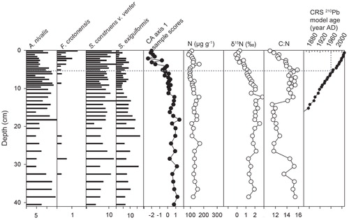 FIGURE 5. Sediment core fossil diatom stratigraphies and geochemistry from Surprise Lake. Horizontal bars of the relative abundance of fossil diatom taxa found in sediment cores with greatest change in species composition, including Nr deposition indicator species Fragilaria crotonensis. Sediment profiles of the first correspondence axis (CA1) based on unconstrained ordination of species relative abundance, N (µg g-1), δ15N, molar ratio of carbon to nitrogen (C:N), and CRS age model. Unconstrained CCA explained 61% of the variance (p < 0.005) with an eigenvalue of 0.059 for CA1. The year 1960 is marked with a dotted fine.