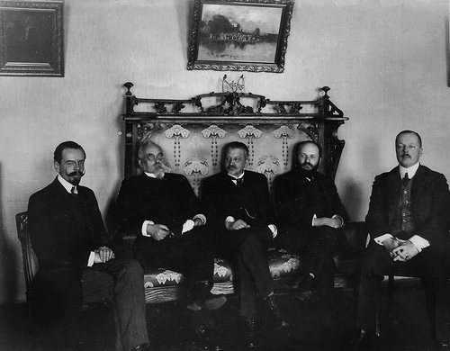 Figure 4. KD deputies of the First Duma, Saint Petersburg, 1906. Left to right: F. F. Kokoshkin, S. A. Muromtsev, I. I. Petrunkevich, M. M. Vinaver, V. D. Nabokov.