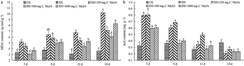 Figure 5. Effects of exogenous MeJA on the content of MDA and AsA of Huangguogan leaves during drought.