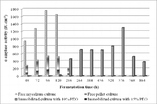 Figure 1. Alpha-amylase activity of strain Aspergillus oryzae PP: free mycelium; free pellet culture and pellet culture immobilized in sol–gel matrices with 10% (w/v) and 15% (w/v) polyethylene oxide.