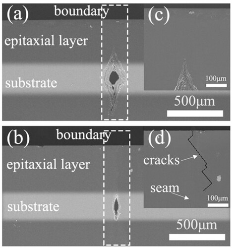 Figure 4. The cross-section SEM images of the boundary ① (a) and boundary ② (b) of the mosaic SCD. (c) and (d) are the enlarged images of the boundary ① and boundary ②, respectively.