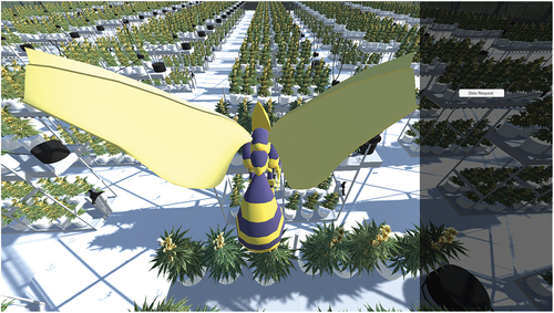 Figure 10. Internal view from bee avatar of the cannabis facility with plants in the flower formation stage.