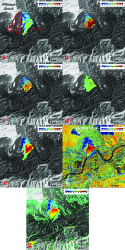 Figure 2. (a) Difference map between 2000 SRTM and 2003 LiDAR DTM. (b) Topographic error (i.e. topographic change) estimated from SBAS method using SRTM. (c) Topographic change estimated from SBAS method using 2003 LiDAR DTM. (d) Average deformation map estimated from topography-changes corrected InSAR results. (e) Difference map between SRTM and 2013 LiDAR DSM. (f) Difference map between 2003 and 2013 LiDAR DSM. (g) Difference map between 2003 and 2013 DTM. To view this figure in colour, please see the online version of the journal.