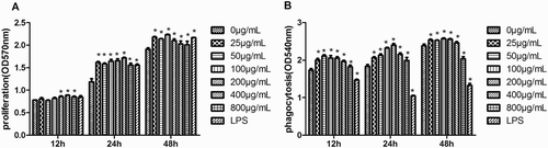 Figure 2. Effects of the EPS on proliferation (a) and phagocytic (b) activity of RAW 264.7 cells. Cells were pretreated with EPS (0, 25, 50, 100, 200, 400 and 800 μg/mL) or LPS (10 μg/mL) for 12, 24 and 48 h, respectively. Then the proliferation (a) and phagocytic (b) activity were determined by measuring optical densities. Values are mean ± SEM of three independent experiments. *p < .05, **p < .01 compared with untreated group(0 μg/mL).