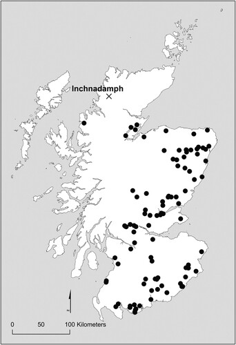 Figure 8. Location map of moated sites in Scotland recorded in the NRHE (contains OS data © Crown copyright and database rights 2022).