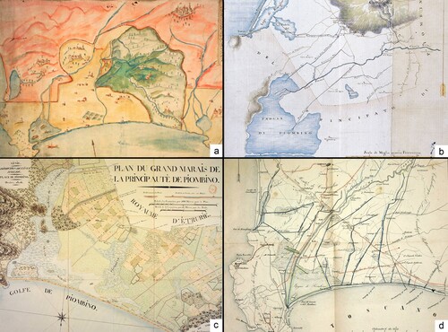 Figure 4. Selection of the most informative historical maps examined to reconstruct the evolution of the fluvial system, the lagoon extension and the reclamation activities that occurred in the Modern Age (maps not in scale). 4a) ‘Carta del Golfo di Piombino e Follonica tra Granducato di Toscana e Principato di Piombino’, half XVI century AD; 4b) ‘Pianta del piano di campiglia’, 1779; 4c) ‘Plan du Grand Maraìs de la Princip Autè de Piombino’, 1807; 4d) ‘Pianura di Cornia prima delle Bonificazioni, 1830’. Progetto CASTORE https://www.regione.toscana.it/-/castore