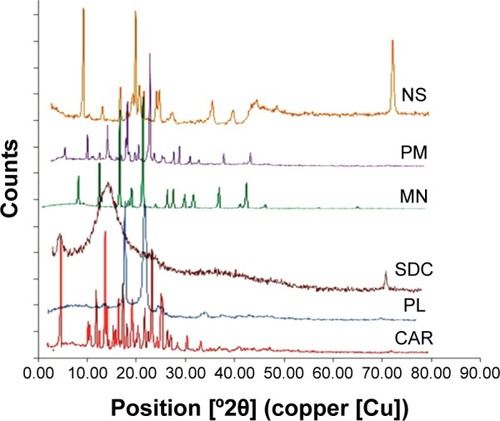 Figure 7 Powder X-ray diffraction patterns of carvedilol (CAR), Pluronic F127 (PL), sodium deoxycholate (SDC), mannitol (MN), physical mixture (PM), and lyophilized nanosuspension (NS).