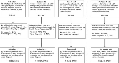 Figure 1 Patient flow for each subcohort and the CaP cohort in total (far right).