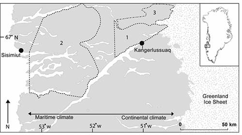 Figure 1. Map of the three study areas (marked as 1, 2, and 3) located in southwestern Greenland in relation to the Greenland Ice Sheet, the coast near Sisimiut, and the climatic gradient (maritime at the coast and continental inland), which is present in this region