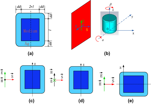 Figure 2 Plane wave excited C-CNP model. The incident plane wave source has the wave vector (kx = 1, ky = 0, kz = 0). (a) CNP model and its parameters; (b) plane wave incident on the cylinder from different directions α and β; (c) Ez polarization, electric field vector along the (x = 0, y = 0, z = 1) direction and α = β = 0°; (d) Ey polarization, electric field vector along the (x = 0, y = 1, z = 0) direction and α = β = 0°; (e) Et polarization, electric field vector along the (x = 0, y = 0, z = 1) direction and α = 90°, β = 0°.