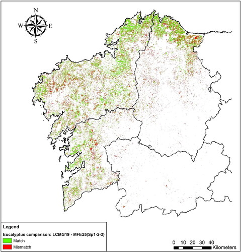 Figure 9. Graphical representation of the spatial comparison of the Eucalyptus spp. distribution in the LCMG19 and the MFE Level 1: the LCMG19 vs the MFE considering SP1, SP2 and SP3. In green: pixel matches; in red: pixel mismatches.