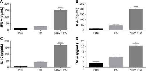 Figure 10 Immunization with NISV + PA elicits a mixed Th1/Th2 immune response.Notes: Evaluation of cytokine from splenocyte culture supernatant postimmunization and stimulated in vitro with PA or media only for 48 hours. NISV + PA elicited higher levels of (A) IFN-γ, (B) IL-4, (C) IL-10, and (D) TNF-α as compared to that elicited by only PA- or PBS-immunized group. Error bars represent ±SD of three experiments. Statistically significant change between PA and NISV + PA groups was calculated using one-way ANOVA followed by Tukey’s multiple comparisons test *P<0.05, ****P<0.0001.Abbreviations: ANOVA, analysis of variance; D4, PA Domain 4; IFN-γ, interferon-γ; IL, interleukin; NISV, nonionic surfactant–based vesicles; PA, protective antigen; TNF-α, tumor necrosis factor-α.