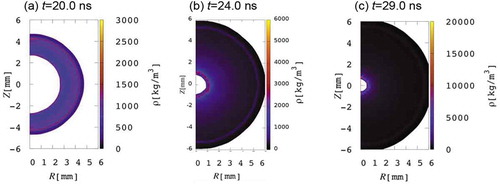 Figure 9. Mass density distributions at (a) t = 20.0ns, (b) 24.0ns and (c) 29.0ns